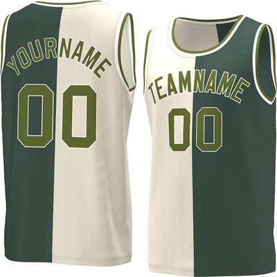 Bicolor Custom Basketball Jersey Personalized Printed Your Own Name & Number Men/Women/Kids Breathable Quick Dry Sportswear (10_Cream-Huntergreen-TLS)