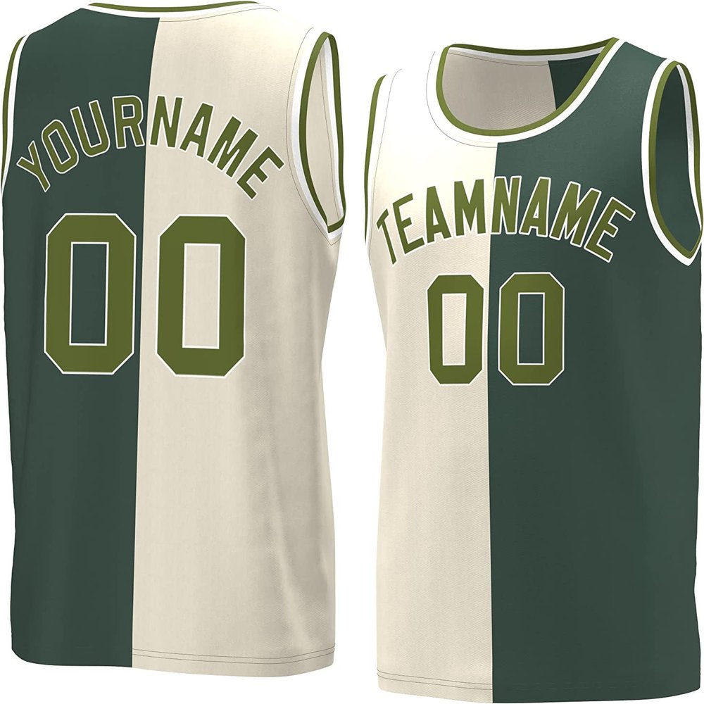 Bicolor Custom Basketball Jersey Personalized Printed Your Own Name & Number Men/Women/Kids Breathable Quick Dry Sportswear (10_Cream-Huntergreen-TLS)