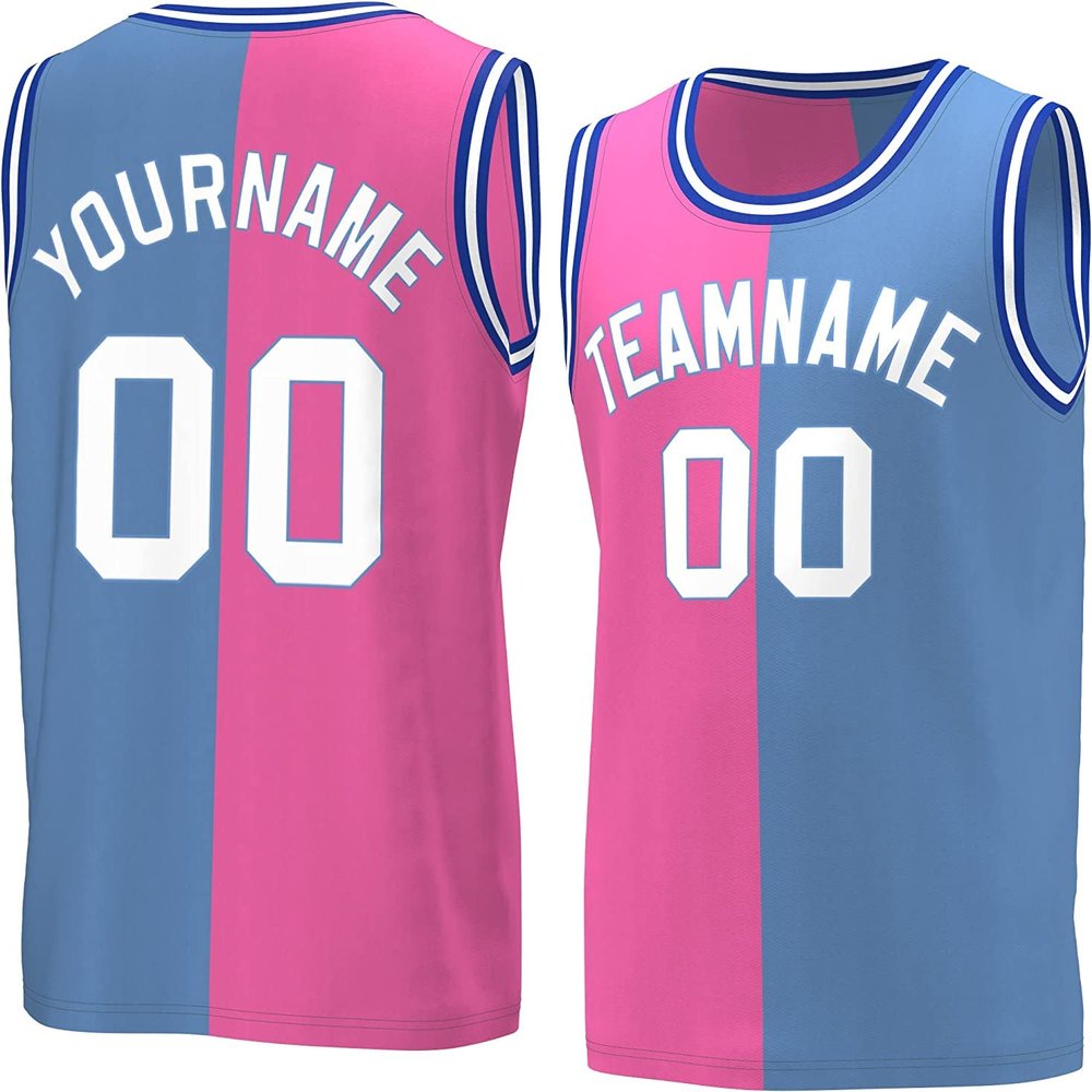Bicolor Custom Basketball Jersey Personalized Printed Your Own Name & Number Men/Women/Kids Breathable Quick Dry Sportswear (23_Pink-lightblue-White)