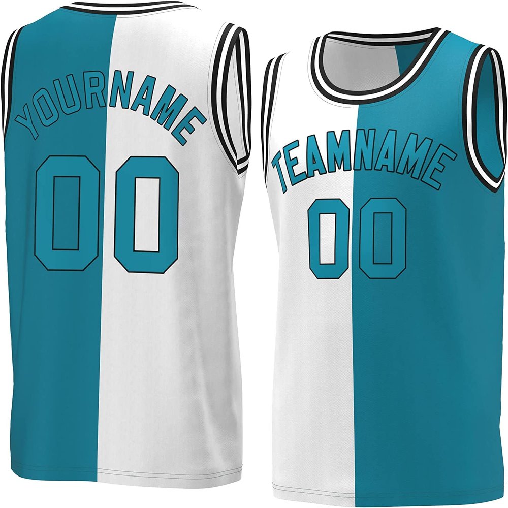 Bicolor Custom Basketball Jersey Personalized Printed Your Own Name & Number Men/Women/Kids Breathable Quick Dry Sportswear (32_Teal-White-Black)