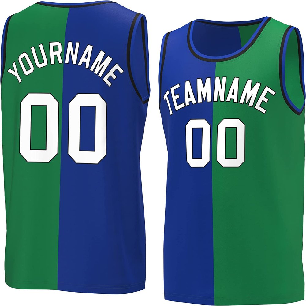 Bicolor Custom Basketball Jersey Personalized Printed Your Own Name & Number Men/Women/Kids Breathable Quick Dry Sportswear (17_KellyGreen-Royal-White)