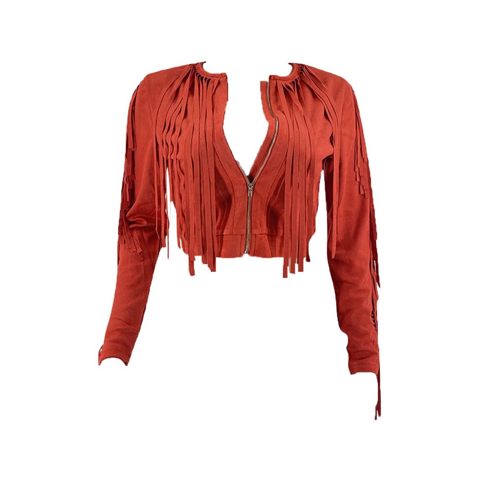 JEsilunmaMY Sexy Tassel Jacket for Women Zip Up Long Sleeve Crewneck Cropped Coats Solid Color Slim Fit Casual Short Jackets (Red,Medium)
