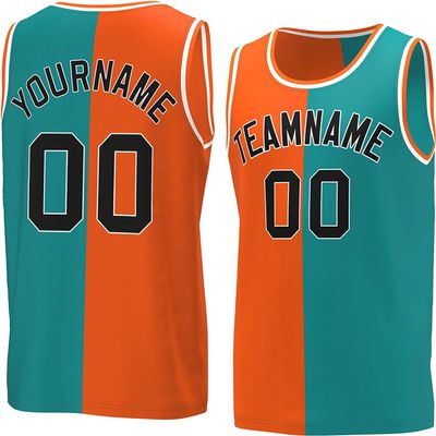 Bicolor Custom Basketball Jersey Personalized Printed Your Own Name & Number Men/Women/Kids Breathable Quick Dry Sportswear (21_Orange-Aqua-Black)