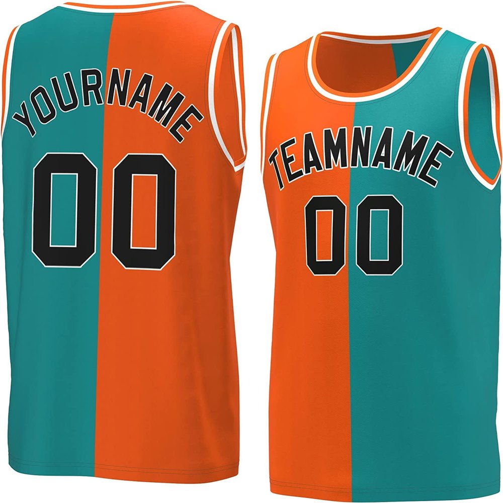 Bicolor Custom Basketball Jersey Personalized Printed Your Own Name & Number Men/Women/Kids Breathable Quick Dry Sportswear (21_Orange-Aqua-Black)
