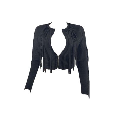 JEsilunmaMY Sexy Tassel Jacket for Women Zip Up Long Sleeve Crewneck Cropped Coats Solid Color Slim Fit Casual Short Jackets (Black,X-Large)
