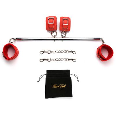 Silver Adjustable Spreader Bar Set with 4 Adjustable Fur Red Straps Sports Training Fitness Gear Home Indoor Gyms (Silver+Red Fur Kit)