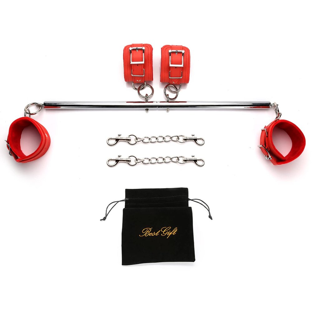 Silver Adjustable Spreader Bar Set with 4 Adjustable Fur Red Straps Sports Training Fitness Gear Home Indoor Gyms (Silver+Red Fur Kit)