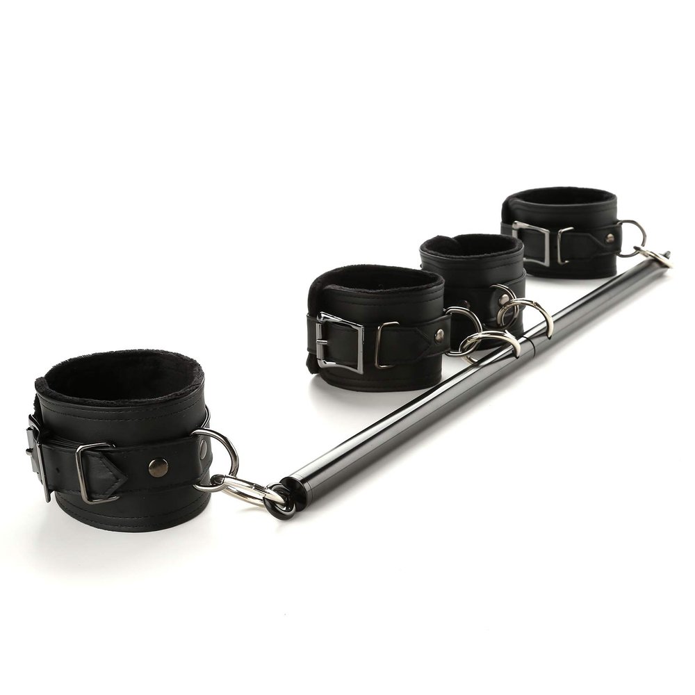 Black Adjustable Spreader Bar Set with 4 Adjustable Fur Black Straps Sports Training Fitness Gear Home Indoor Gyms with Fur Flocking Storage Bag (Black+Black Kit)