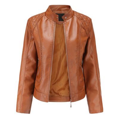 JEsilunmaMY Leather Jackets for Women Zip Up Long Sleeve Stand Collar Biker Coat Slim Fit Spring Fall Motorcycle Outwear (Brown,Large)