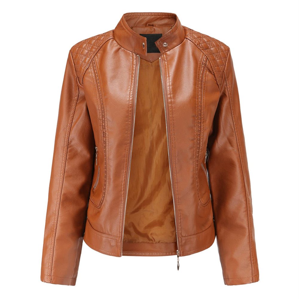 JEsilunmaMY Leather Jackets for Women Zip Up Long Sleeve Stand Collar Biker Coat Slim Fit Spring Fall Motorcycle Outwear (Brown,Large)