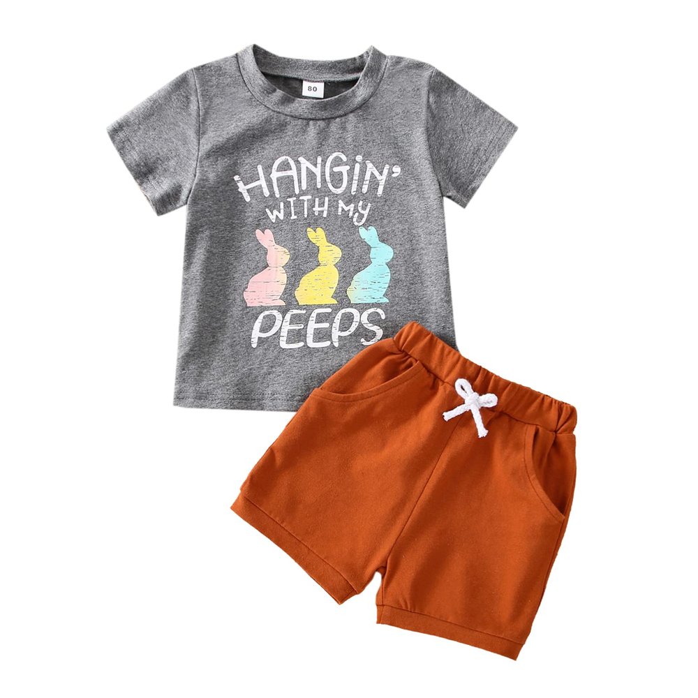 Baby Boy Easter Outfits Funny Letter Print Vintage Bunny T-Shirt Top Jogger Shorts Set Summer Easter Bunny Clothes (Grey+Brown,6-12 Months)