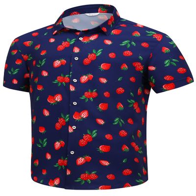 SheLucki Hawaiian Shirt for Men, Unisex Summer Beach Casual Short Sleeve Button Down Shirts, Printed Palmshadow Clothing Strawberry Blue L