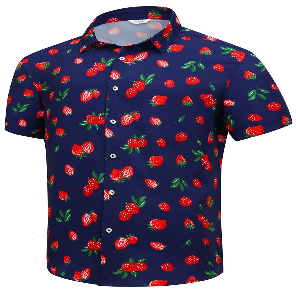 SheLucki Hawaiian Shirt for Men, Unisex Summer Beach Casual Short Sleeve Button Down Shirts, Printed Palmshadow Clothing Strawberry Blue L