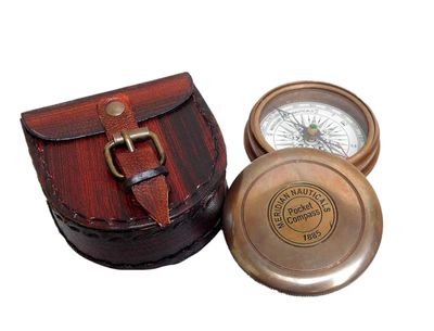Antique Nautical Brass Compass with Leather Solid Brass Vintage Fully Functional Compass Navigational & Directional Tool for Hiking Trekking Travelling & Camping by Nexus Centre
