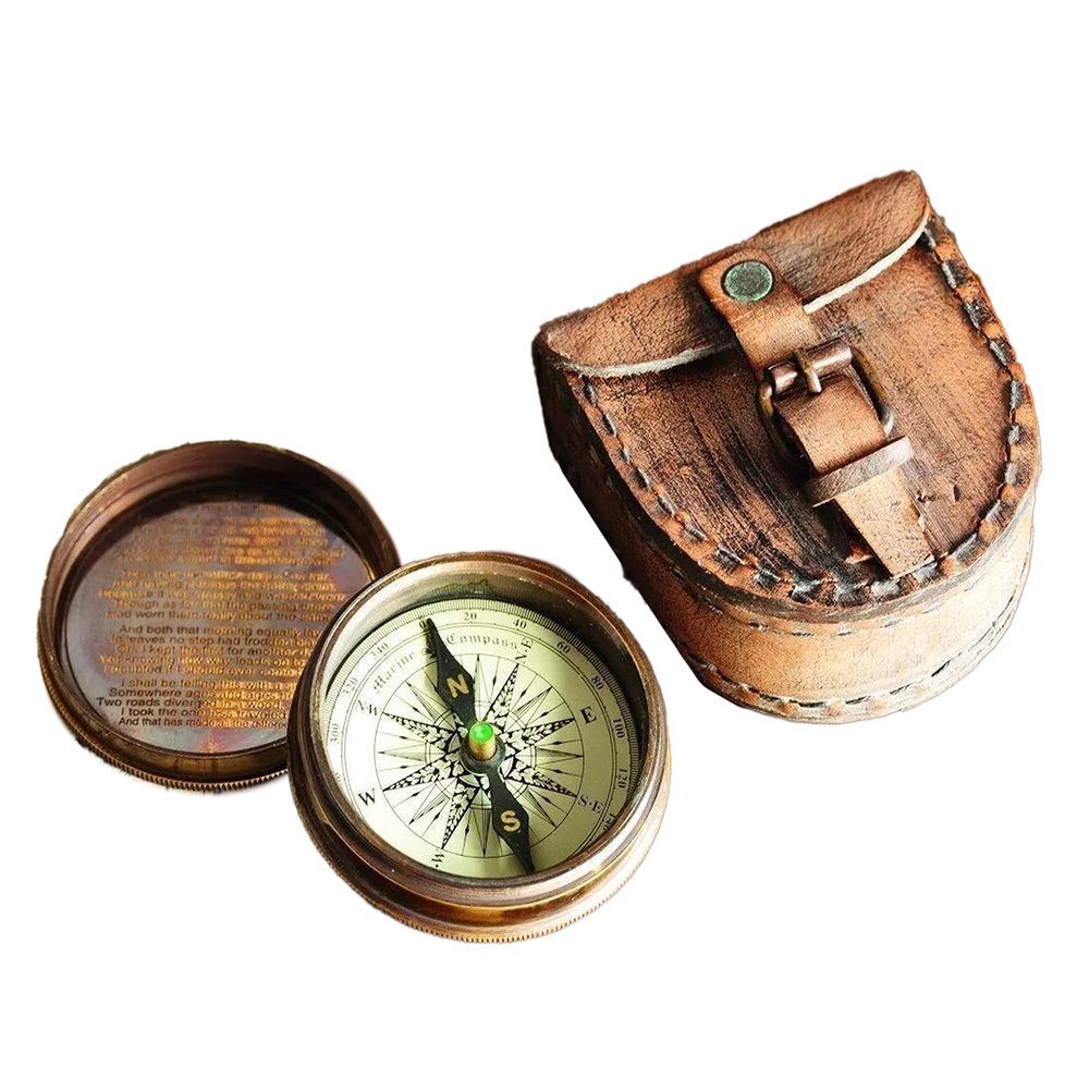 Antique Nautical Brass Compass with Leather Antiqued Brass Poem Compass Navigational & Directional Gift Tool for Hiking Trekking Travelling & Camping by Nexus Centre