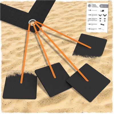 SandVoll Beach Volleyball Sand Anchors - XLarge 6x6 inch Heavy Duty Plastic Boards + Elastic Thick Cord. Fits All Beach Volleyball Boundary Lines. 4 Pack (Lines not Included)