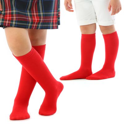 Hugh Ugoli Knee High Cotton Socks for Kids Girls Boys & Toddlers, Long School Uniform Socks, Soft & Comfortable,Red, 7-8 Years Old, 4 Pairs
