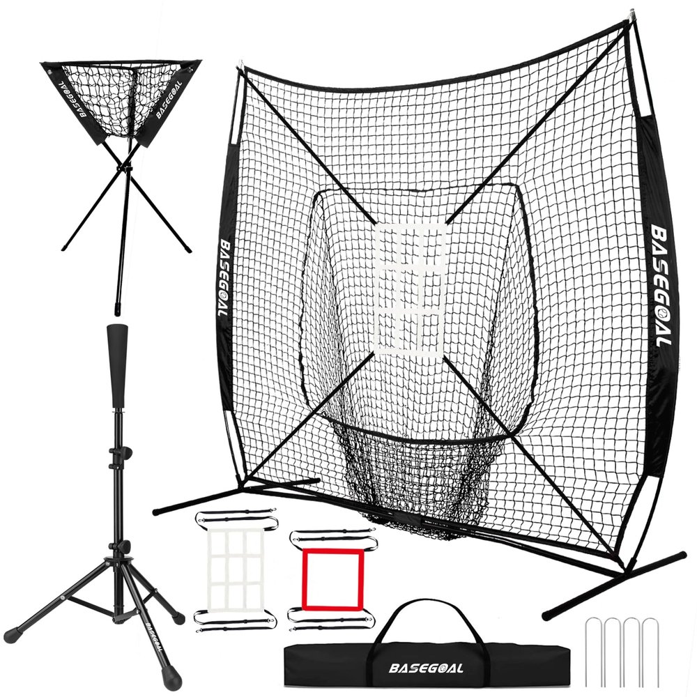 BaseGoal 7'7' Baseball Softball Practice Net,Baseball Backstop,with Batting Tee,Ball Caddy,for Hitting Pitching Batting Catching with Bow Frame,Bonus Strike Zone,Portable and Foldable (Black)