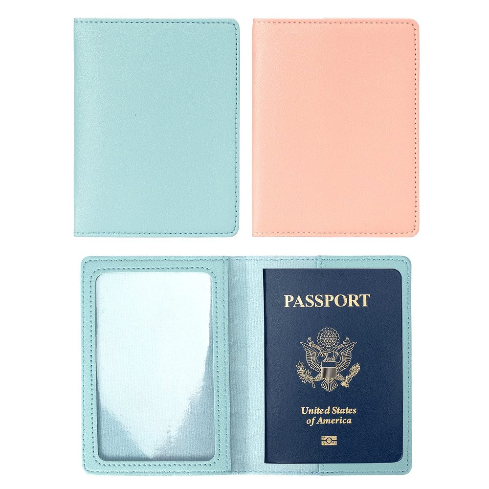 Arouselove 2 Pack Passport covers and Vaccine Card Holder PU Leather Passport Wallet Vaccine Case Protector Slot Travel Passport Wallets for Women & Men (Blue & Pink)
