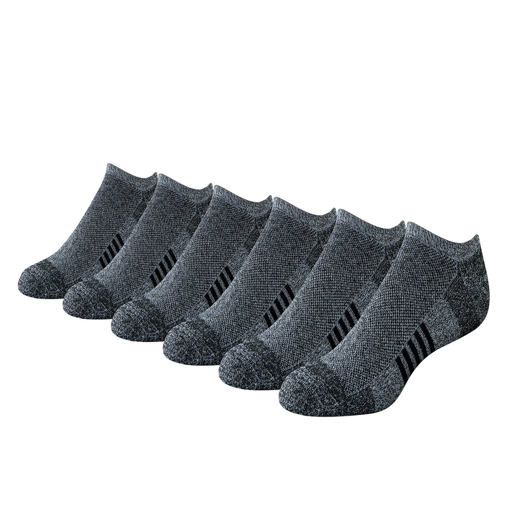 Amazon Essentials Men's Cotton Performance Cushioned No Show Socks for Men, Breathable Athletic, 6 Pairs, Black/White Marl, 13-15