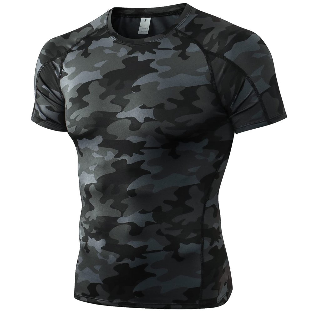 Camo Black Compression Shirts Men Short Sleeve Workout Gym T-Shirt Running Tops Cool Dry Sports Base Layer Undershirts