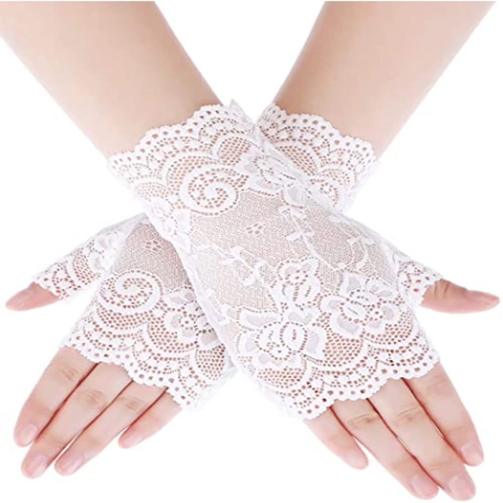 Papoopy Women White Lace Gloves for for Wedding, Tea Party, Cosplay, Costume (Lace-Fingerless-White)
