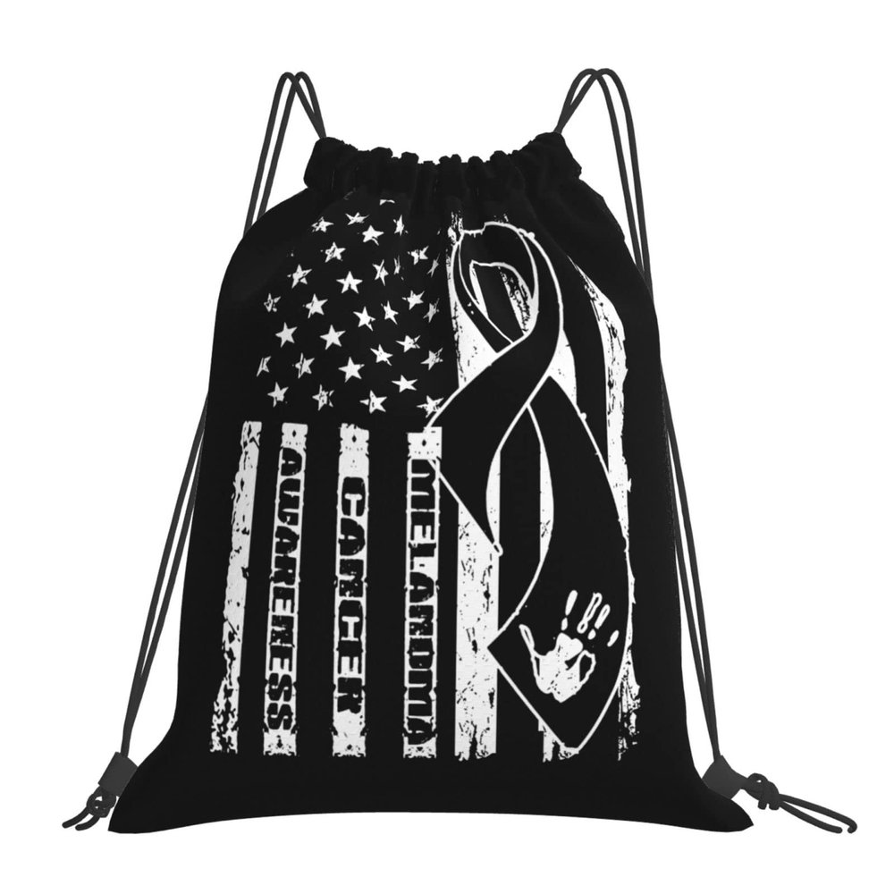 Qauirfe Us Flag Black Ribbon Skin Cancer Melanoma Awareness Outdoor Drawstring Bags Gym Bag Fashion Simple, Suitable For Men And Women, Young And Old
