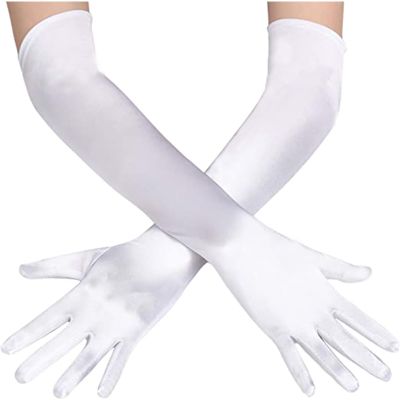 Papoopy Women White Long Gloves for for Wedding, Tea Party, Cosplay, Costume (Satin - White)