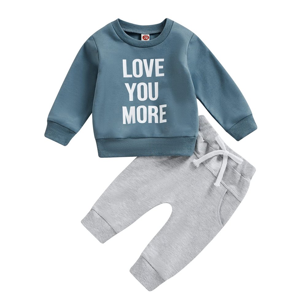 BeQeuewll Fall Winter Toddler Baby Boy Outfits Letter Crewneck Sweatshirt Baby Pants Sweatsuit Cute Baby Clothes for Boys (Love You More-Blue, 0-6 Months)