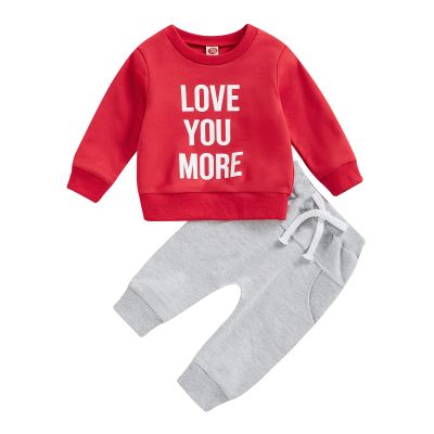 BeQeuewll Fall Winter Toddler Baby Boy Outfits Letter Crewneck Sweatshirt Baby Pants Sweatsuit Cute Baby Clothes for Boys (Love You More-Red, 2-3T)