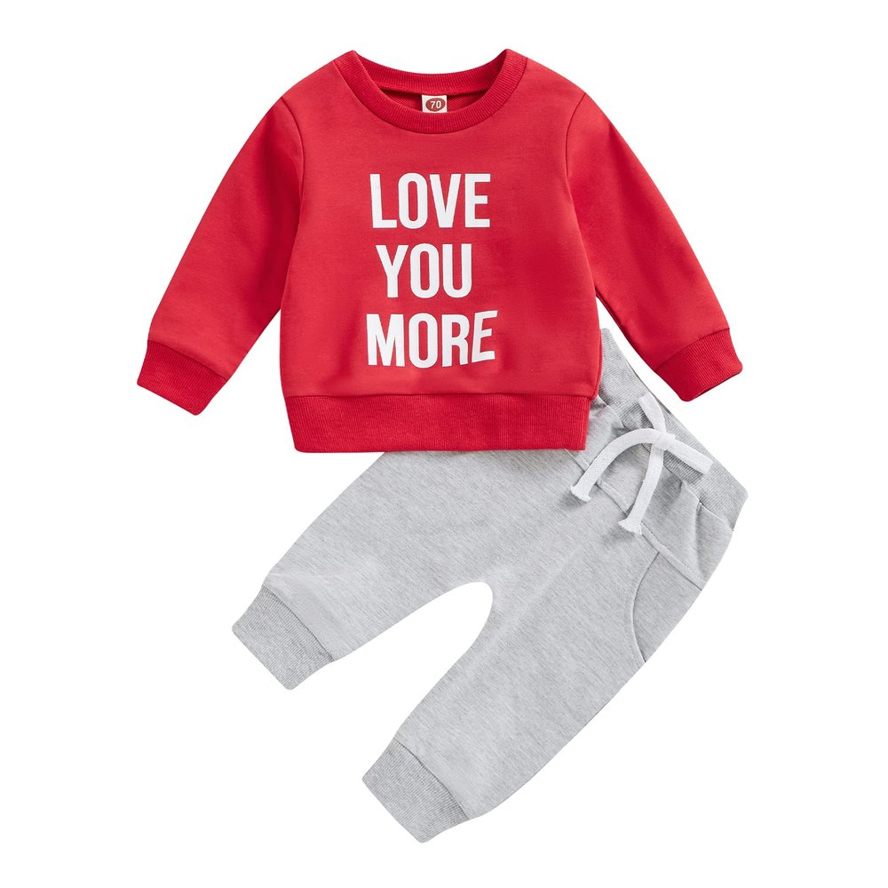 BeQeuewll Fall Winter Toddler Baby Boy Outfits Letter Crewneck Sweatshirt Baby Pants Sweatsuit Cute Baby Clothes for Boys (Love You More-Red, 2-3T)