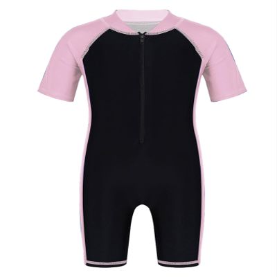 YEAHDOR Kids Boys Girls One Piece UPF 50+ Rash Guard Zip Shorty Wetsuit Training Swimsuit Bathing Suit Pink&Black 10 Years