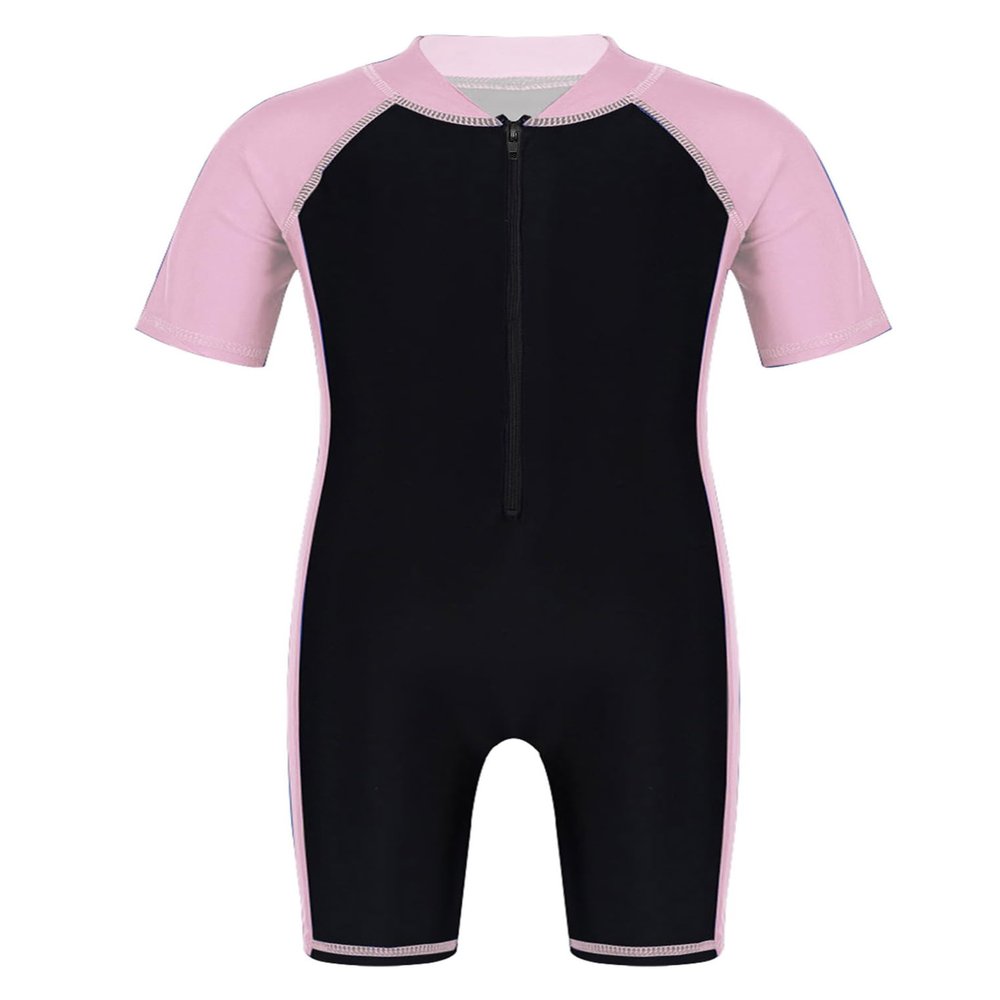 YEAHDOR Kids Boys Girls One Piece UPF 50+ Rash Guard Zip Shorty Wetsuit Training Swimsuit Bathing Suit Pink&Black 4 Years