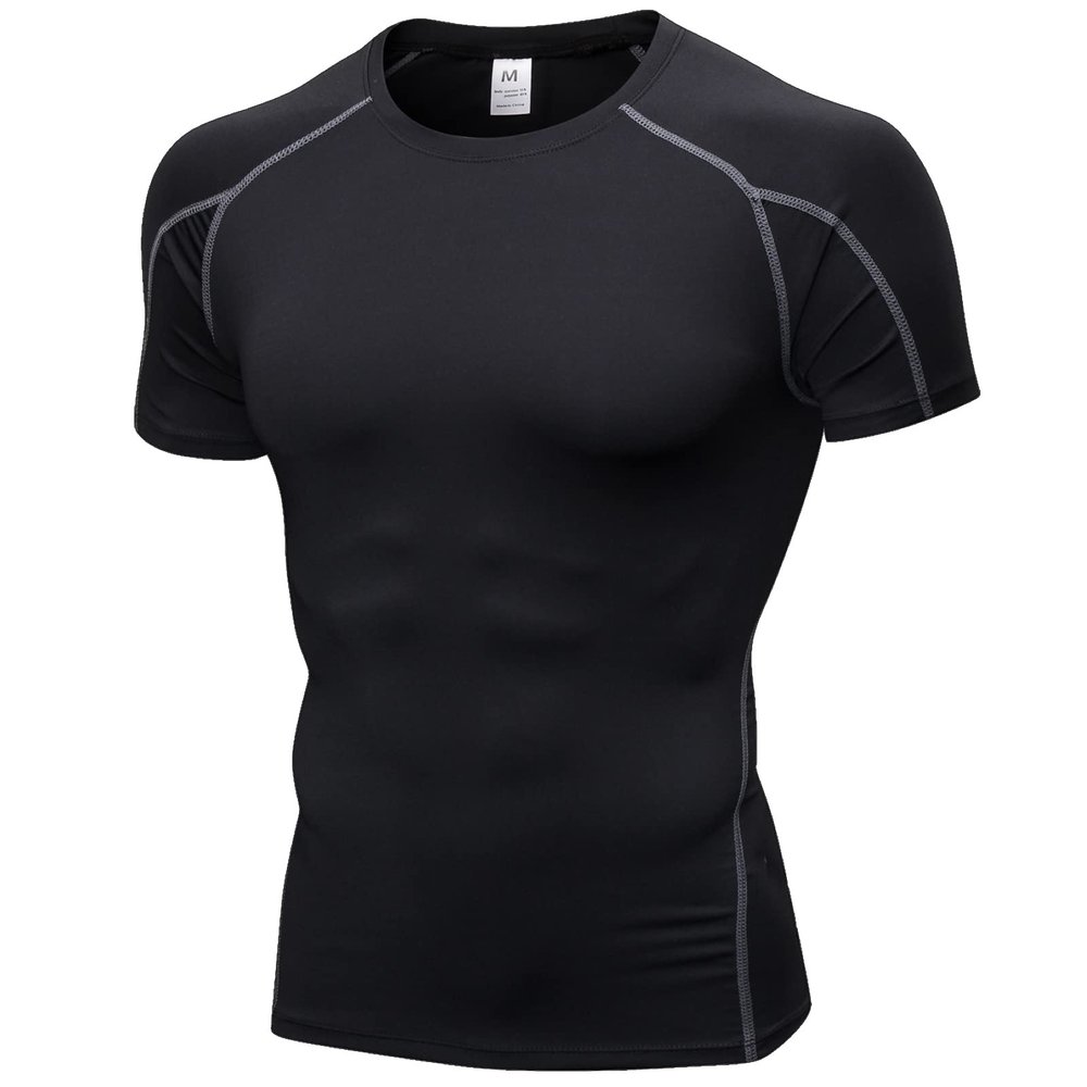 B Grey Compression Shirts Men Short Sleeve Workout Gym T-Shirt Running Tops Cool Dry Sports Base Layer Undershirts