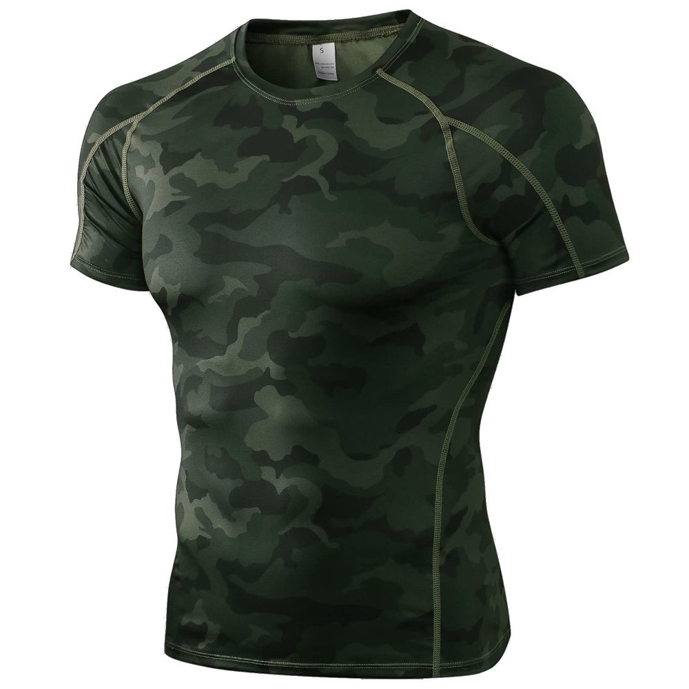 Camo Green Compression Shirts Men Short Sleeve Workout Gym T-Shirt Running Tops Cool Dry Sports Base Layer Undershirts