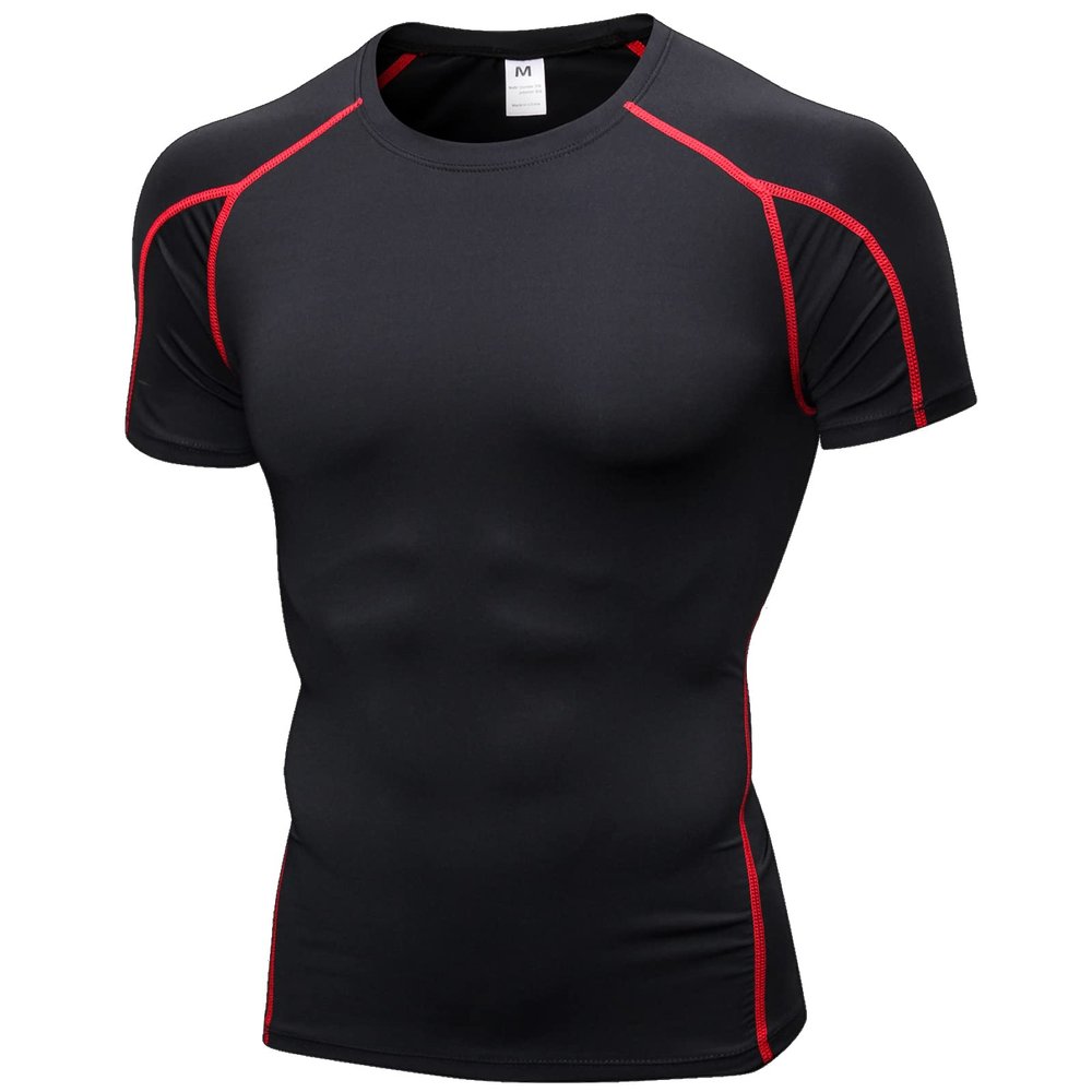 B Red Compression Shirts Men Short Sleeve Workout Gym T-Shirt Running Tops Cool Dry Sports Base Layer Undershirts