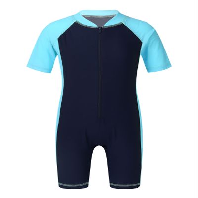 YEAHDOR Kids Boys Girls One Piece UPF 50+ Rash Guard Zip Shorty Wetsuit Training Swimsuit Bathing Suit Navy Blue&Sky Blue 8 Years