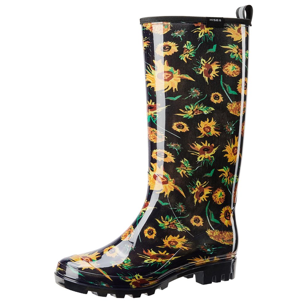 HISEA Tall Rain Boots for Women, Slim Calf Waterproof Garden Boots, Fashion Print Rubber PVC Boot Knee High Rain Shoes for Outdoor Gardening Farm Yard Mud Work