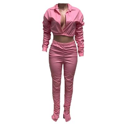 Women's Wrinkle Elastic PU Faux Leather Ruched 2 Piece Outfits V Neck Long Sleeve Crop Top + Stacked Pants Set (Pink,Small)