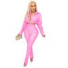 Women's Wrinkle Elastic PU Faux Leather Ruched 2 Piece Outfits V Neck Long Sleeve Crop Top + Stacked Pants Set (Pink,Small) view 2