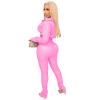 Women's Wrinkle Elastic PU Faux Leather Ruched 2 Piece Outfits V Neck Long Sleeve Crop Top + Stacked Pants Set (Pink,Small) view 3