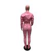 Women's Wrinkle Elastic PU Faux Leather Ruched 2 Piece Outfits V Neck Long Sleeve Crop Top + Stacked Pants Set (Pink,Small) view 4