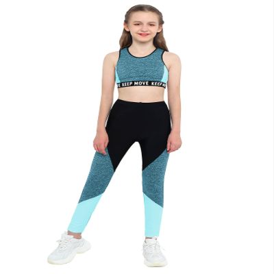 dPois Kids Girls 2-Pieces Sport Outfit Dance Crop Tank Tops and Elastic Waistband Pants Set Gym Activewear Blue 10 Years