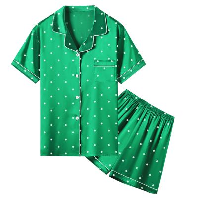 Umeyda Girls Satin Pajamas Set, PJS Short Sleeve Button-Down Top + Shorts Sleepwear Loungewear 2 Pieces Pajamas Set for Little & Big Girls, Green Dots, 4-5T = Tag 120