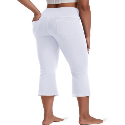 VOOVEEYA Women's Bootcut Leggings - Bootleg Yoga Pants Flare with 4 Pockets,Tummy Control High Waisted Casual Dress PantsCapri Bootcut-White-XL
