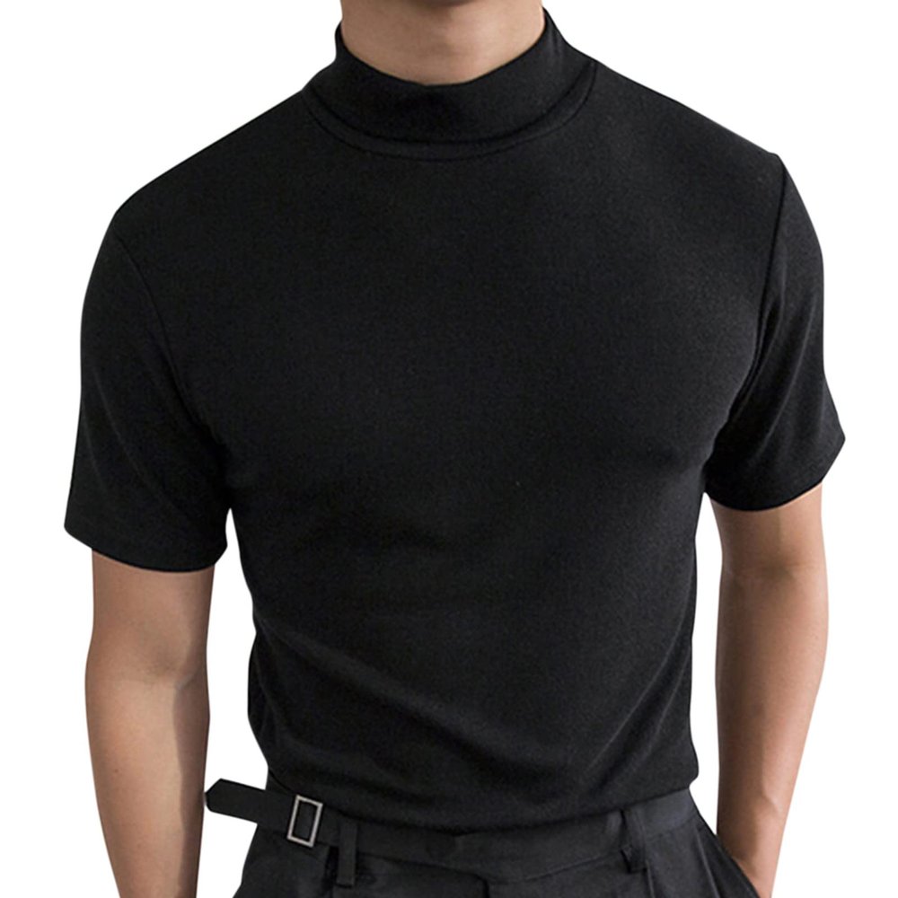 XUETON Mens Slim Fit Mock Turtleneck T Shirts Casual Lightweight Short Sleeve Solid Thermal Pullover Tops Undershirts(Black,4X-Large)