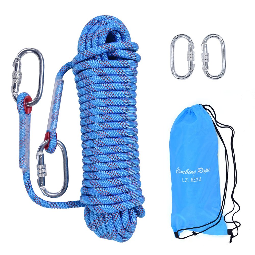 LZ.MZXU Climbing Rope, 12 mm Static Climbing Ropes, 32FT(10M) 65FT(20M) 100FT(30M) 164FT(50M) Outdoor Rock Climbing Rope with Hook, Safety Rappelling Ropes, Fire Rescue Parachute(Blue, 32FT)