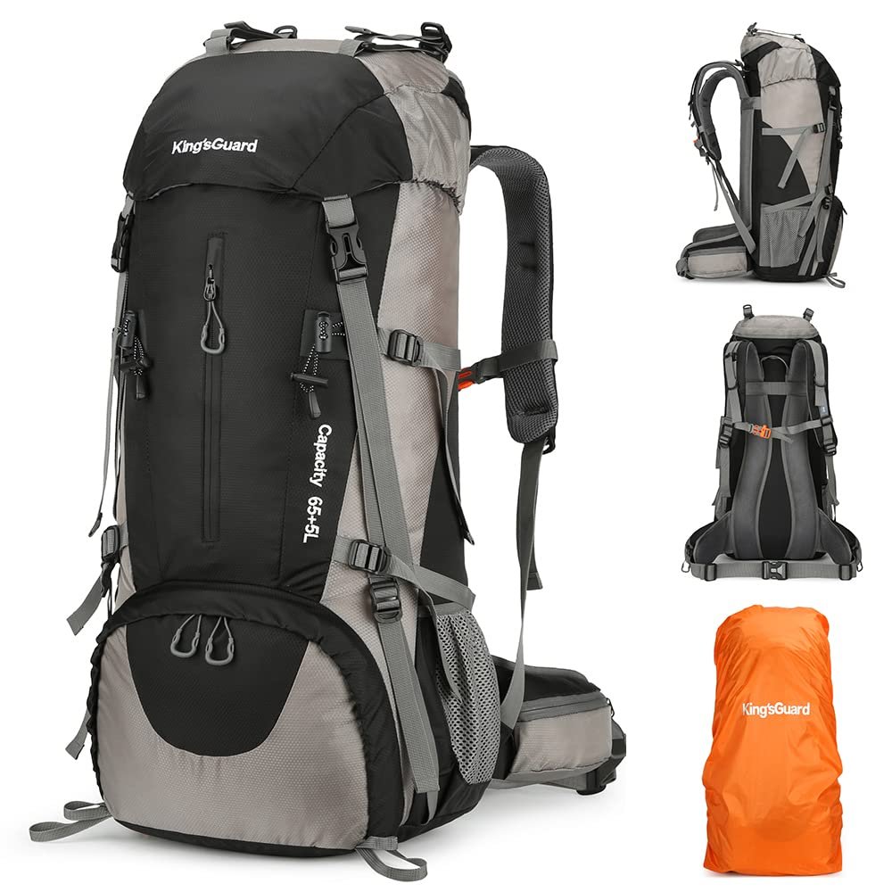 King'sGuard 70L Hiking Backpack with Rain Cover Lightweight Waterproof Travel Camping Backpack Large Backpacking Pack for Men and Women (Black)
