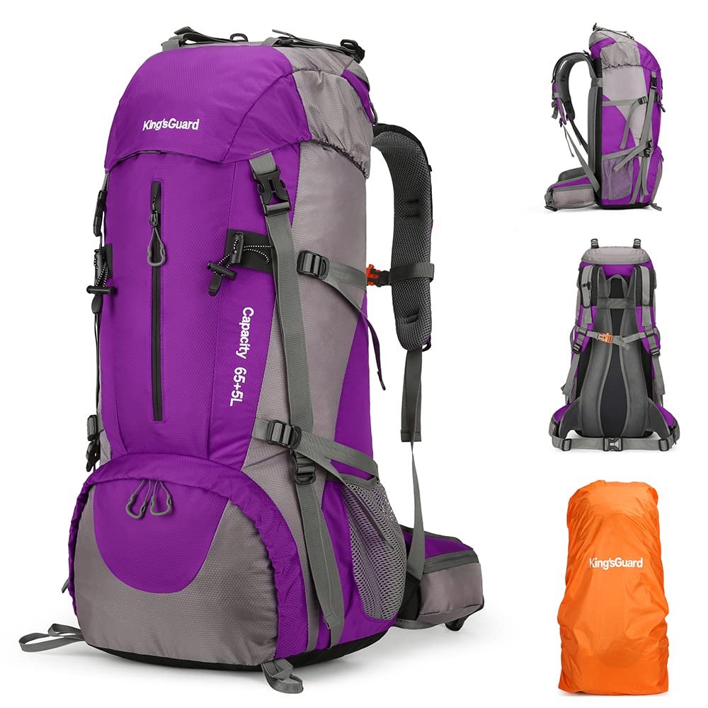 King'sGuard 70L Hiking Backpack with Rain Cover Lightweight Waterproof Travel Camping Backpack Large Backpacking Pack for Men and Women (Purple)