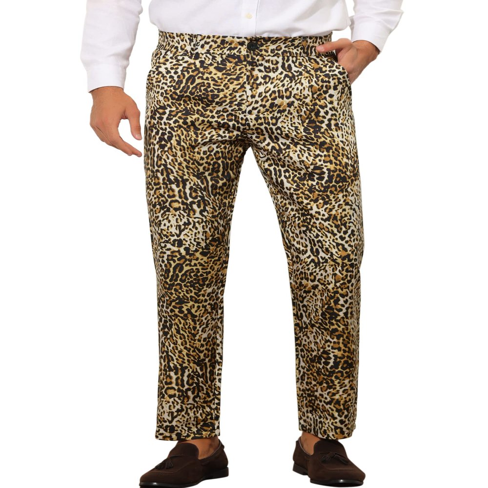 Lars Amadeus Leopard Printed Dress Pants for Men's Regular Fit Party Animal Printed Trousers 30 Khaki
